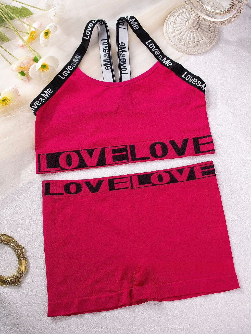 Camisole bra set in rose pink with LOVE LOVE letter band and matching shorts