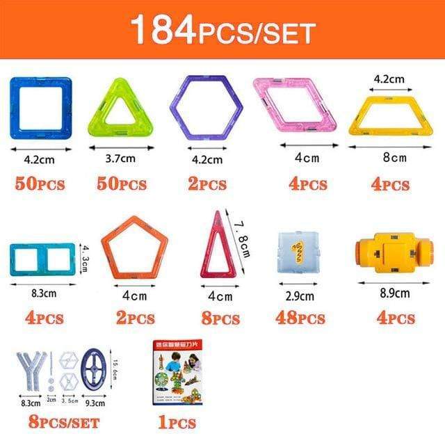 Magnetic building blocks set with colorful geometric pieces, including squares, triangles, and hexagons