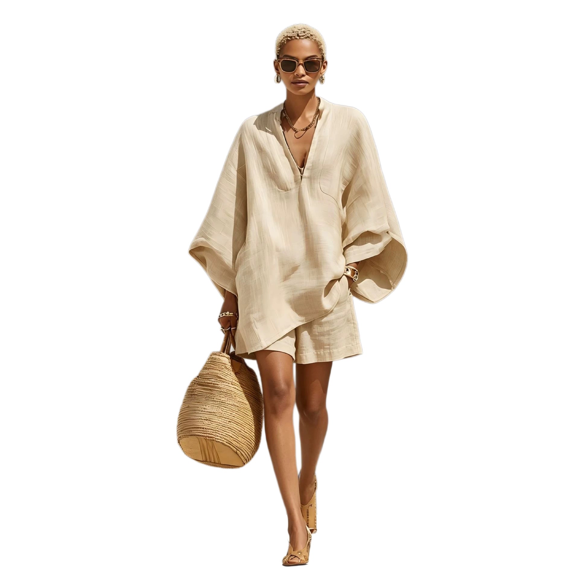 Off-white V-neck batwing-sleeve loose-fit set with matching shorts, studio view