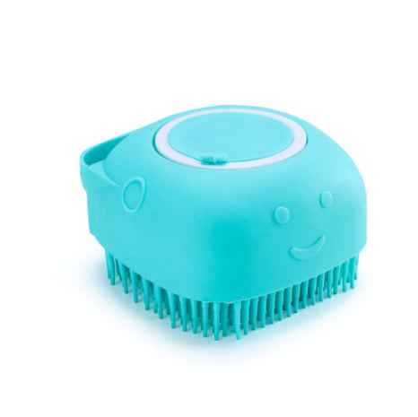 Turquoise silicone pet bath brush with circular lid and flexible bristles