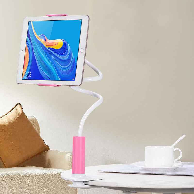 Pink base 360-degree spiral tablet stand with flexible white arm