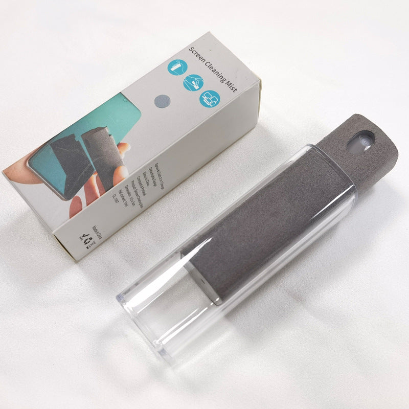 Portable screen cleaner set, gray cloth cleaner in clear tube storage.