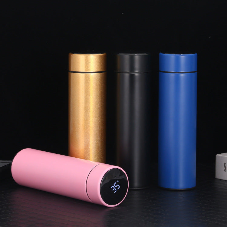 Smart vacuum water bottles (500ml) in pink, gold, and blue with caps and LED screens