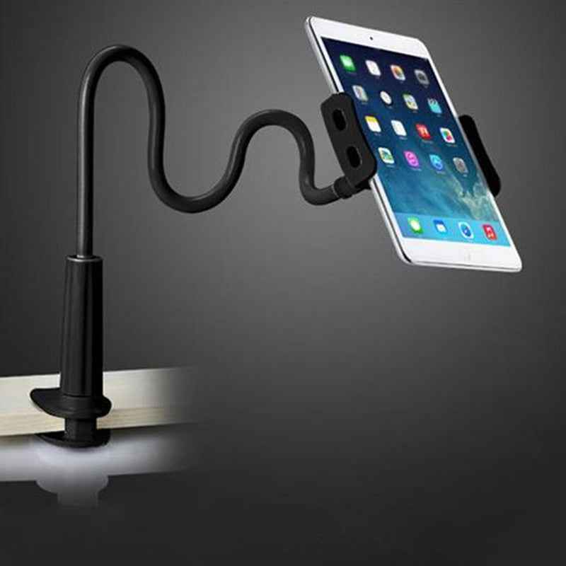 Black 360-degree spiral stand with curved arm and angled tablet holder