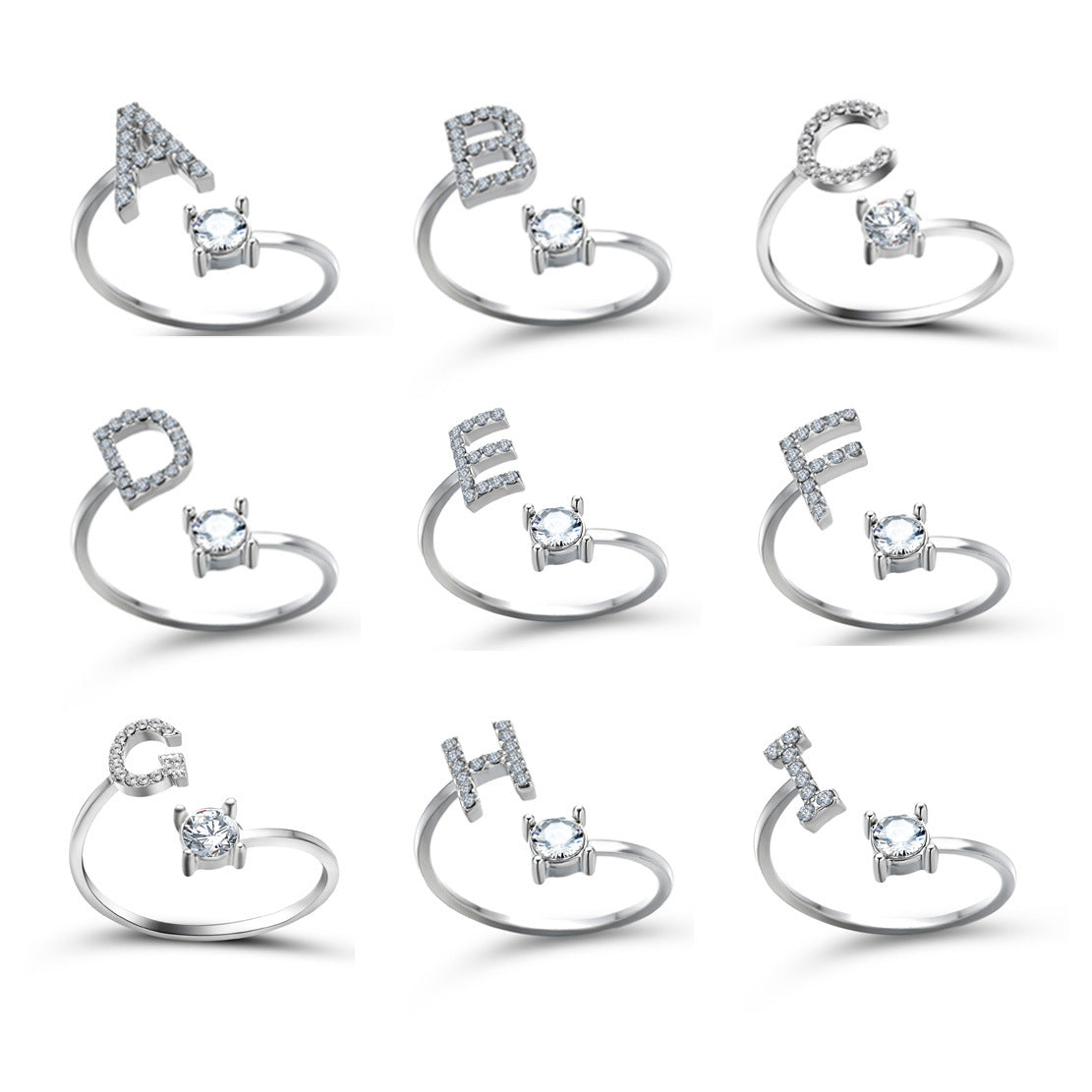 Silver tone initial letter ring set with round crystal stones, assorted letters A–I