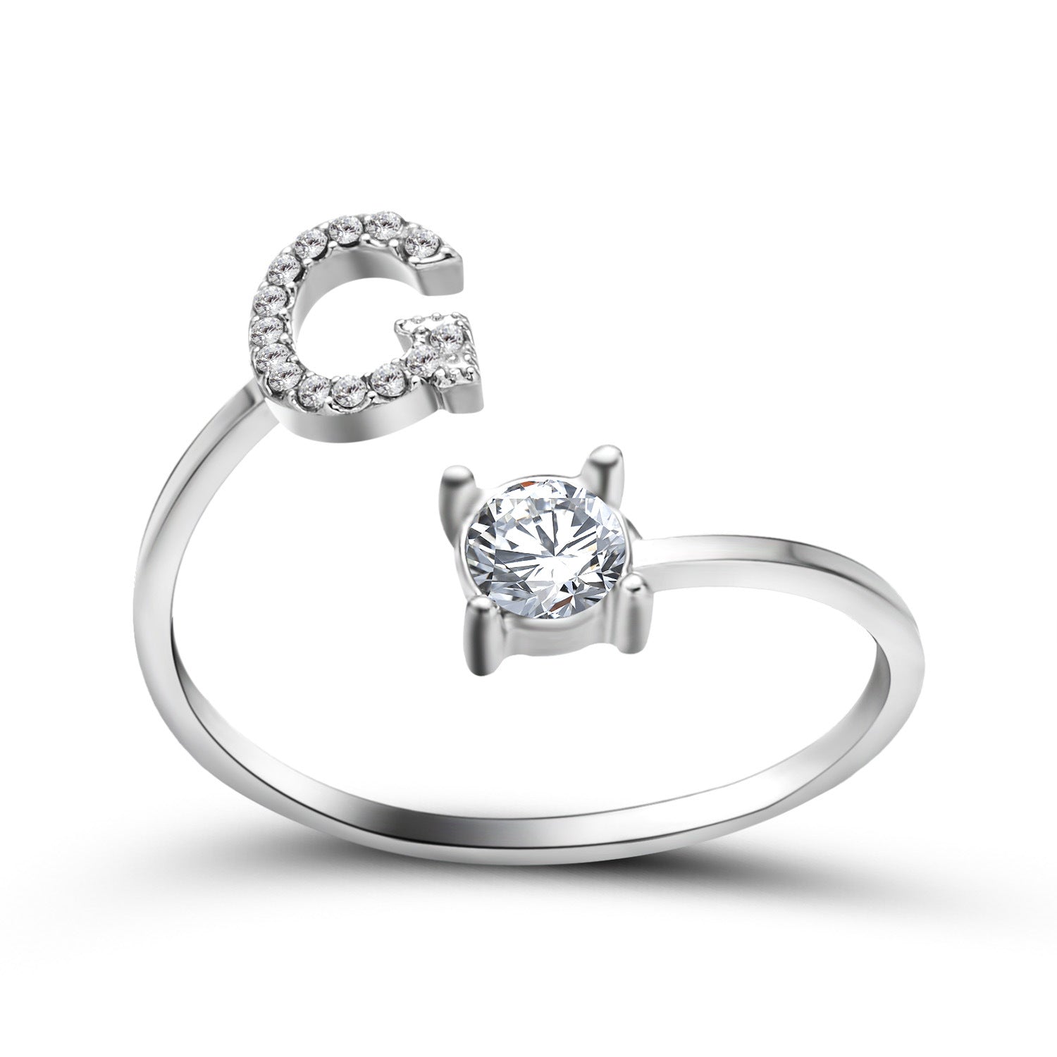 Adjustable initial letter ring with arched pavé letter and round crystal, silver tone