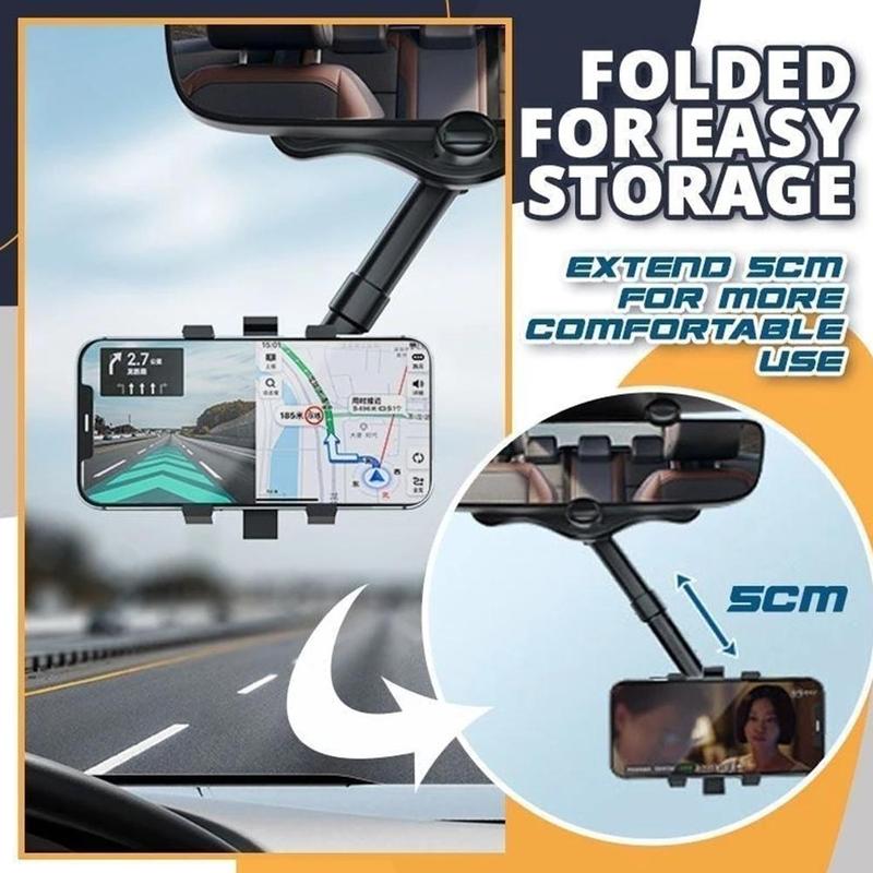 Black rearview mirror phone holder folded for easy storage, with short arm