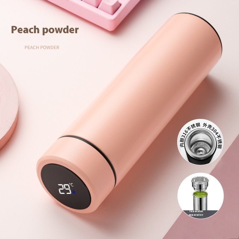 Peach powder insulated vacuum bottle with LED temperature display on dark end cap
