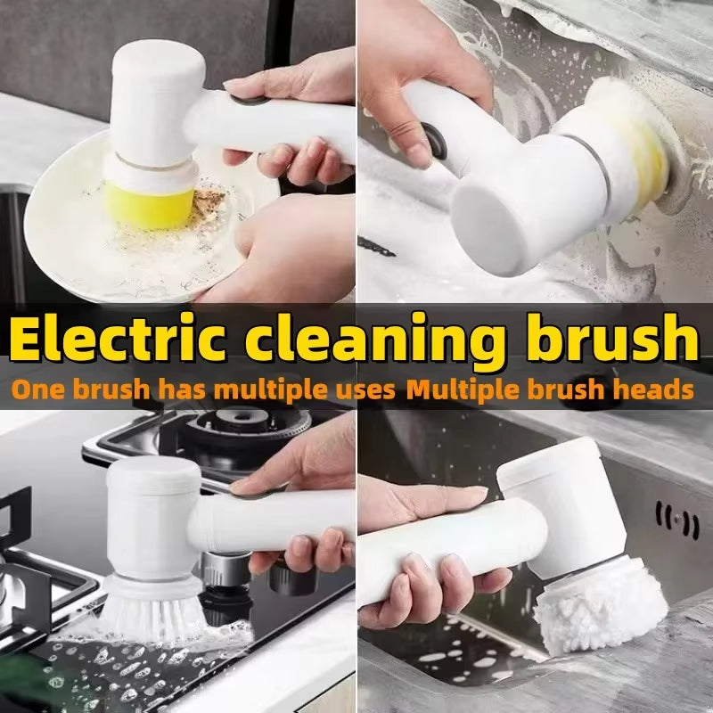 Electric scrub brush with yellow sponge head and white handle for bathtub cleaning