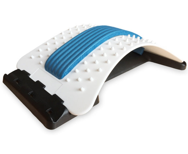 Lumbar traction therapy back brace with white dotted base and blue ribbed support bar