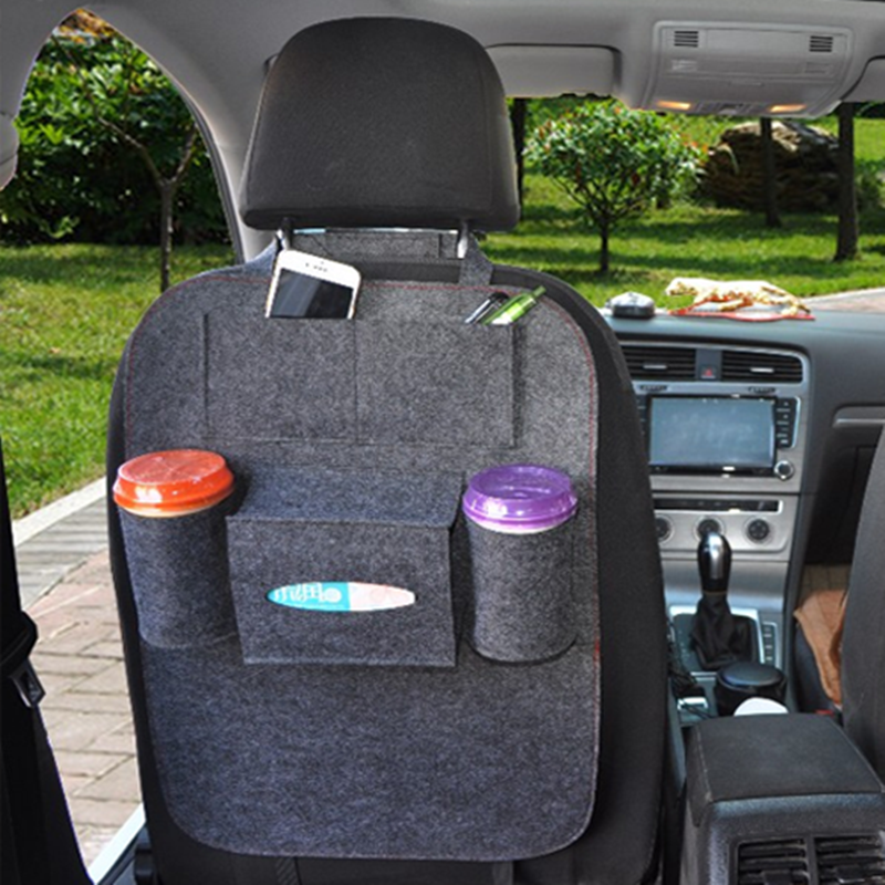 Gray seat organizer bag with large front panel pockets and bottle cups