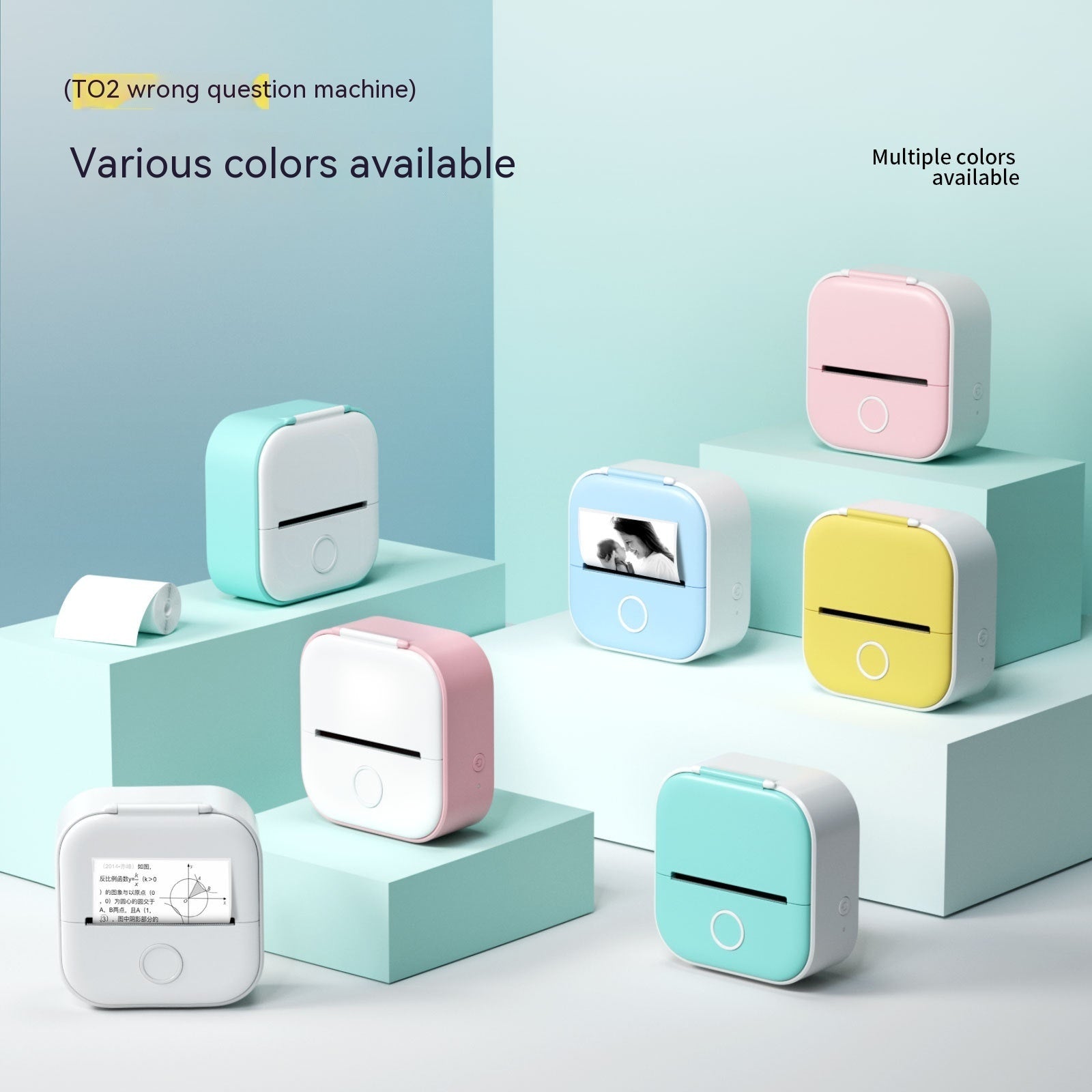 Portable mini thermal label printers set, pink and white and teal and yellow units