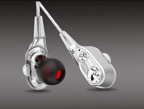 Dynamic headphones in silver with black ear tips and inline controls