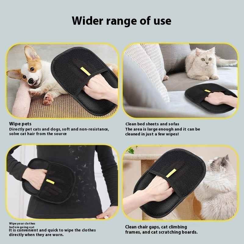 Black pet hair removal mitt with yellow tab, shown on couch and seat surfaces