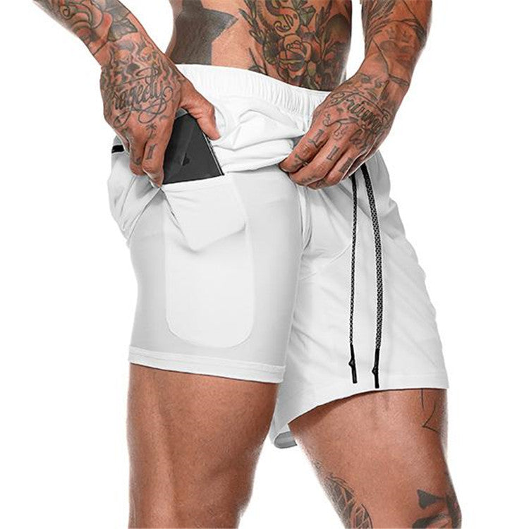 White pocket compression shorts with drawstring waistband and front side pocket