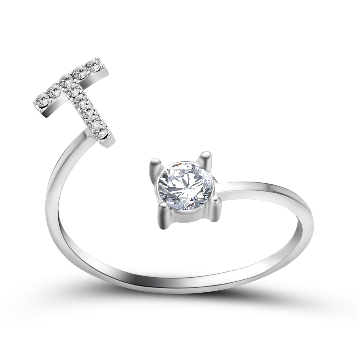 Adjustable initial letter ring with round clear stone, silver-tone pave letter band