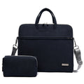 Black PU leather laptop bag with top handle, zipper front, and matching small pouch