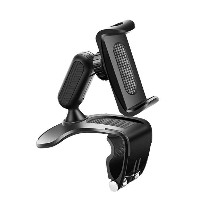 Black car phone clip holder with vertical grip stand and spring clamp.