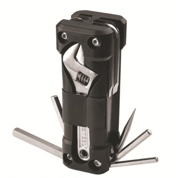 Black portable tool set with wrench head and metal screwdriver bits