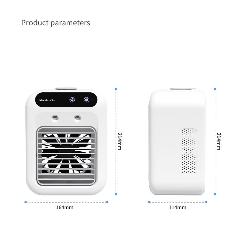 Portable mini air cooler size diagram showing front and side measurements, white