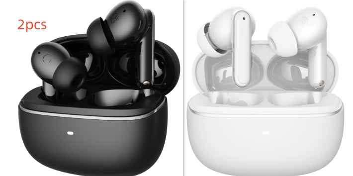 Wireless in-ear earbuds sets shown: black 2pcs and white 2pcs in cases