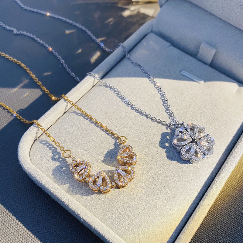 Heart-shaped clover pendant necklace, silver-tone chain with sparkle openwork charm