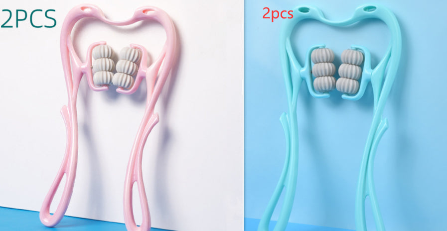 Neck massager roller set with pink and blue U-shaped frames and 4 rolling discs each