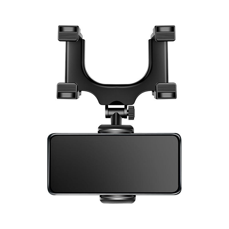 Clip-on rearview mirror phone holder with central knob, clamp arms, and wide device cradle