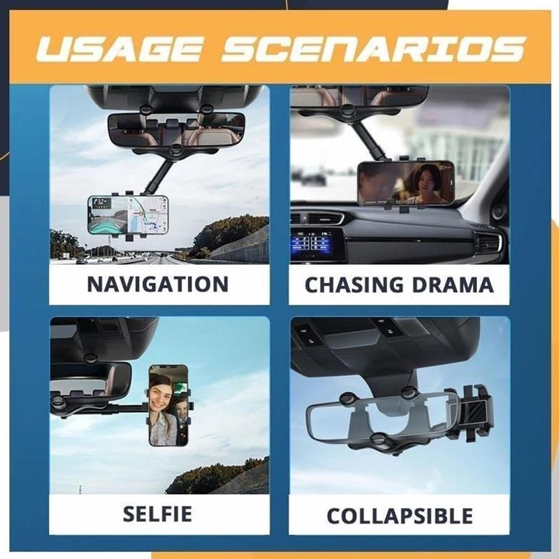 Black rearview mirror phone holder showing navigation and collapsible mount style