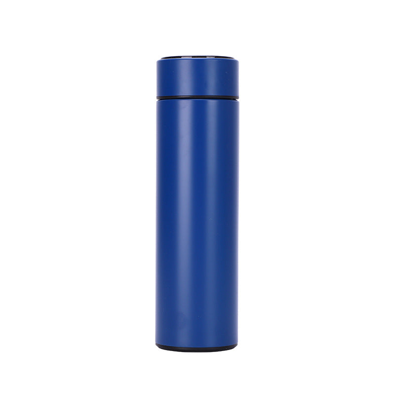 Blue insulated stainless steel vacuum bottle with smooth cylindrical body