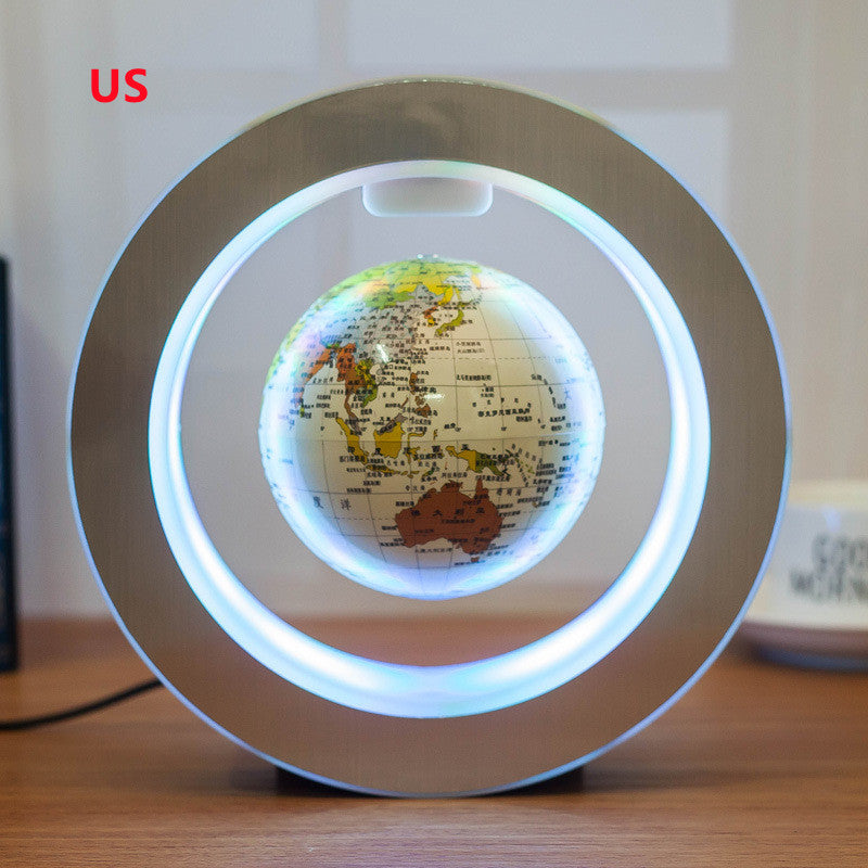 LED floating world map globe with white-lit countries, circular light ring and base
