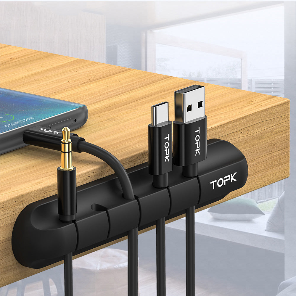 Silicone desktop cable organizer with multiple clip slots, black