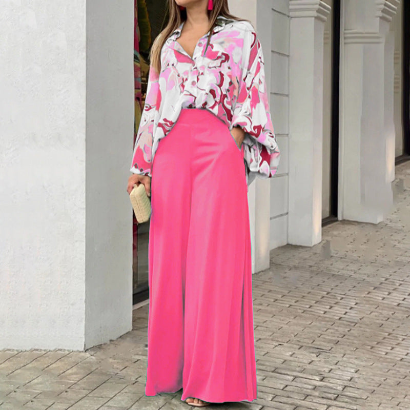 Printed shirt top and wide-leg pants set, multicolor top, hot pink wide-leg pants