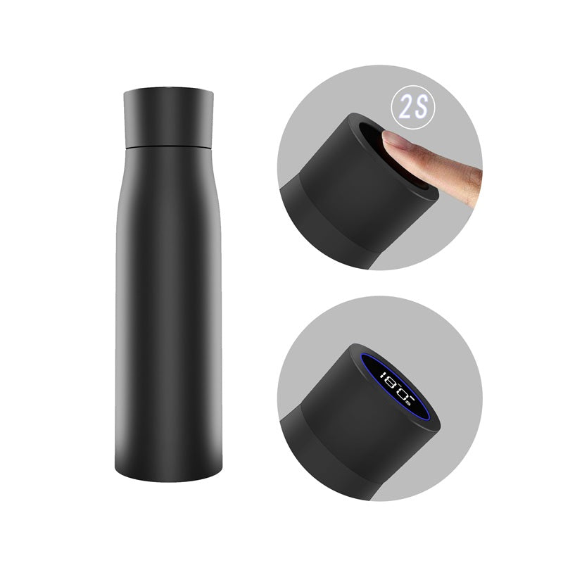 Black insulated thermal water bottle with smart temperature display windows on body