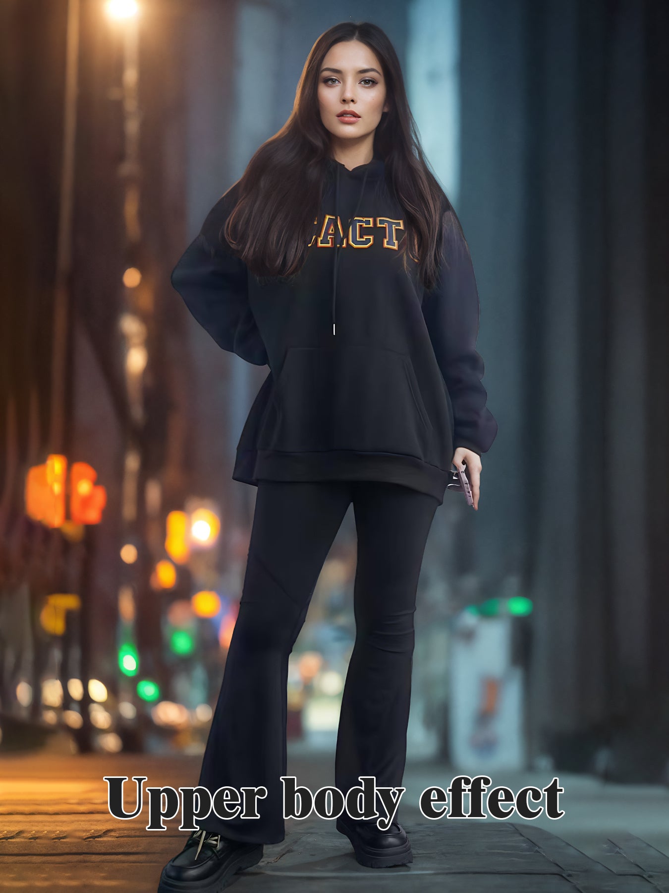 Black long-sleeve hoodie with hood, drawstrings, front logo print, and kangaroo pocket