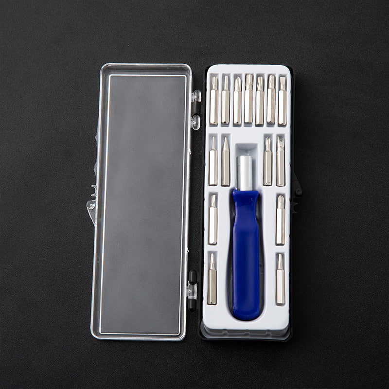 Screwdriver bit kit with blue handle, metal bits, and protective case