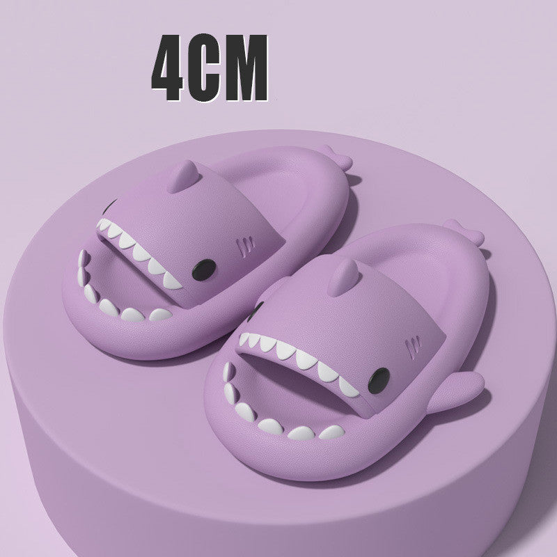 Cartoon shark slippers, soft purple slide-on sandals with white teeth and fin details
