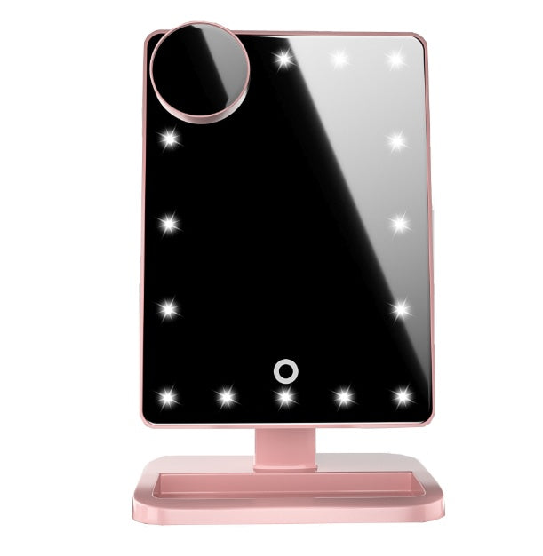 Touch-screen makeup mirror with stand, black glass, light rose frame and base