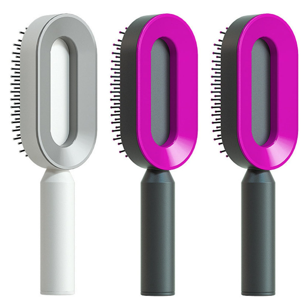 Self-cleaning hair brush set with oval gray, bright purple, and bright purple cleaning heads