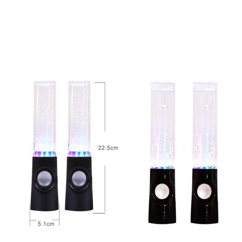 Water fountain LED speaker pair with clear tubes, blue lighting, black bases and round woofers
