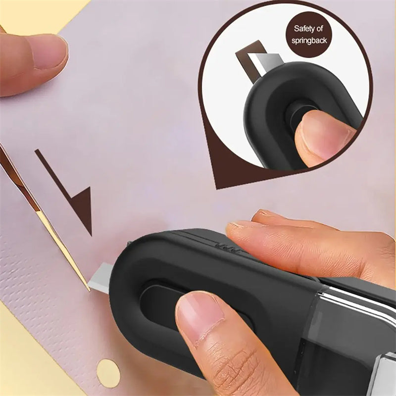 Mini bag sealer heat sealer tool held over a bag seam with black heating head