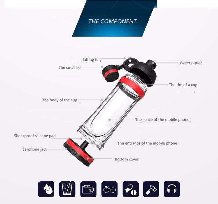 Water bottle phone pouch parts diagram with labeled components and silicone seals
