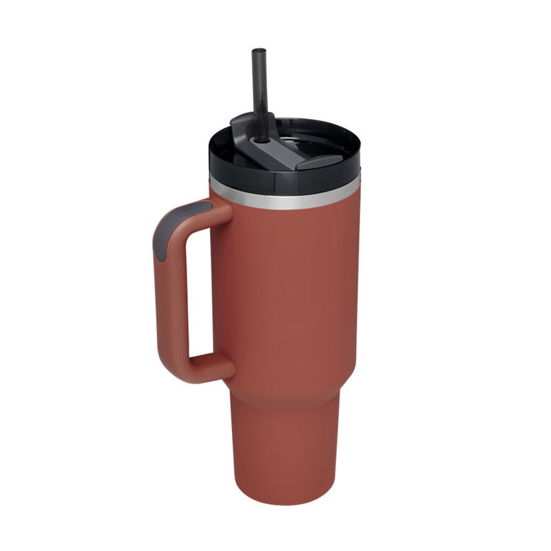 40 oz insulated tumbler with handle and straw, rust red
