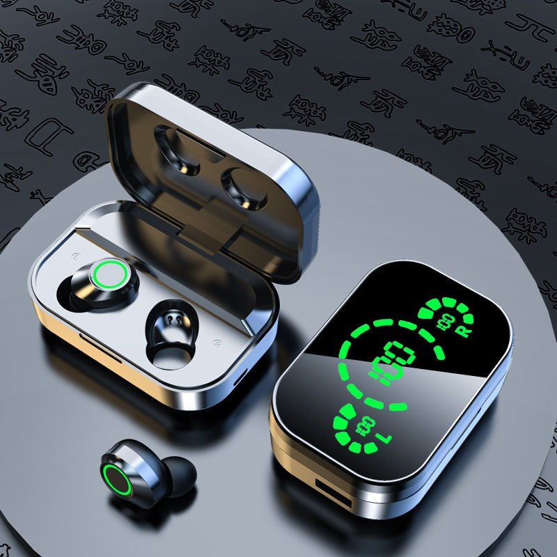 Wireless earbuds and open charging case, green LED icons on earbuds and case
