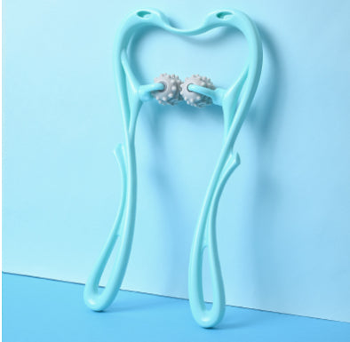 Swan-style blue neck massager with central roller wheels under arched frame