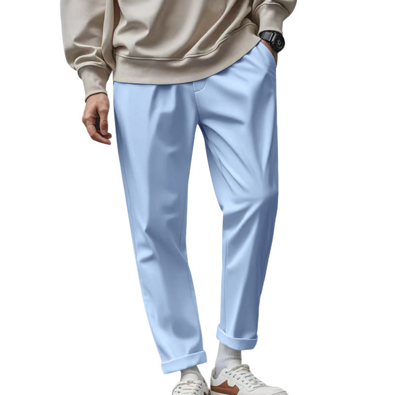 Men's casual trousers with pockets, loose fit, drawstring waist, light blue color
