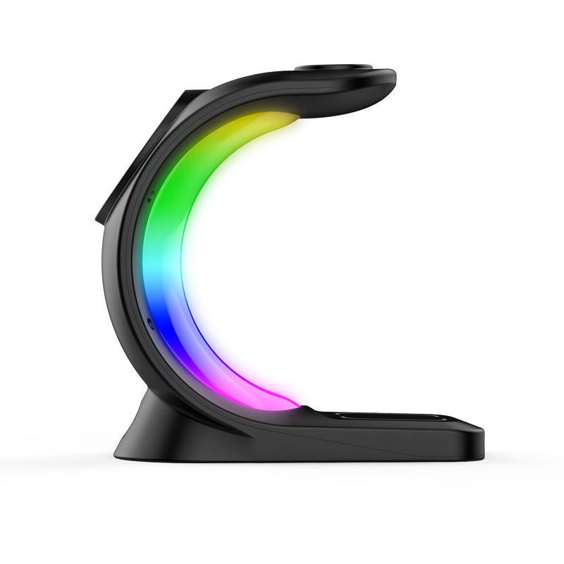 Magnetic wireless charger stand in black with RGB ring light and charging cradle surfaces