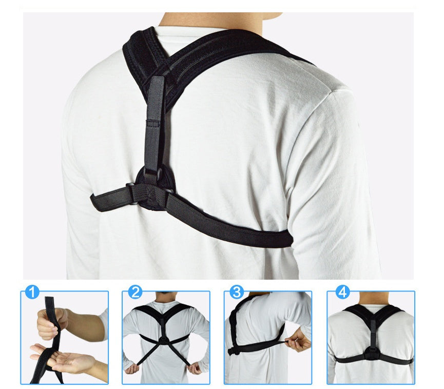 Black posture corrector strap with side straps worn over white shirt