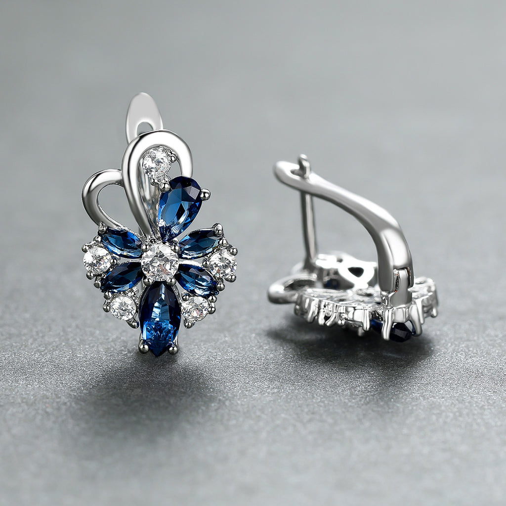 Flower drop-shaped zircon earrings with blue and clear stones in silver-tone settings