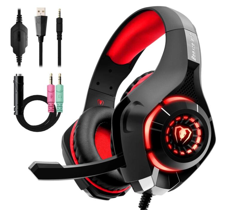Gaming headphones with red LED ear cups and adjustable cushioned headband